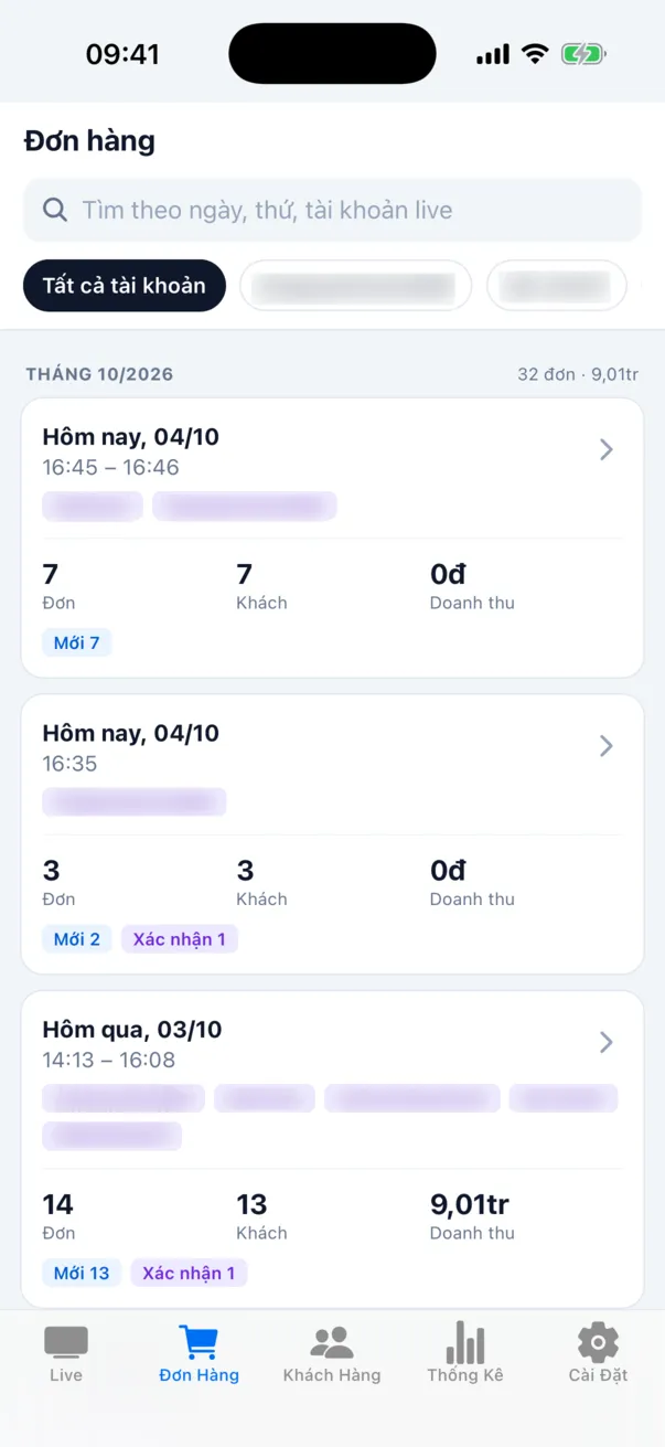 Màn Đơn hàng của Inmota: các phiên live nhóm theo tháng, số đơn, số khách và doanh thu mỗi phiên
