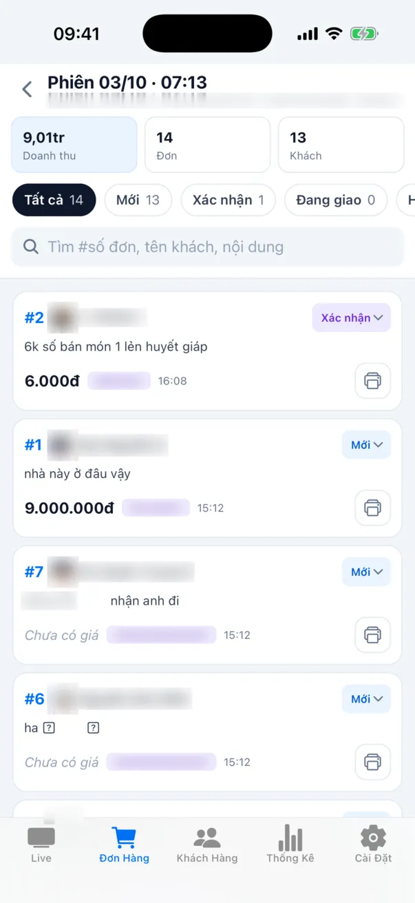 Chi tiết một phiên live: tổng doanh thu, tab trạng thái đơn, giá và tài khoản live của từng đơn
