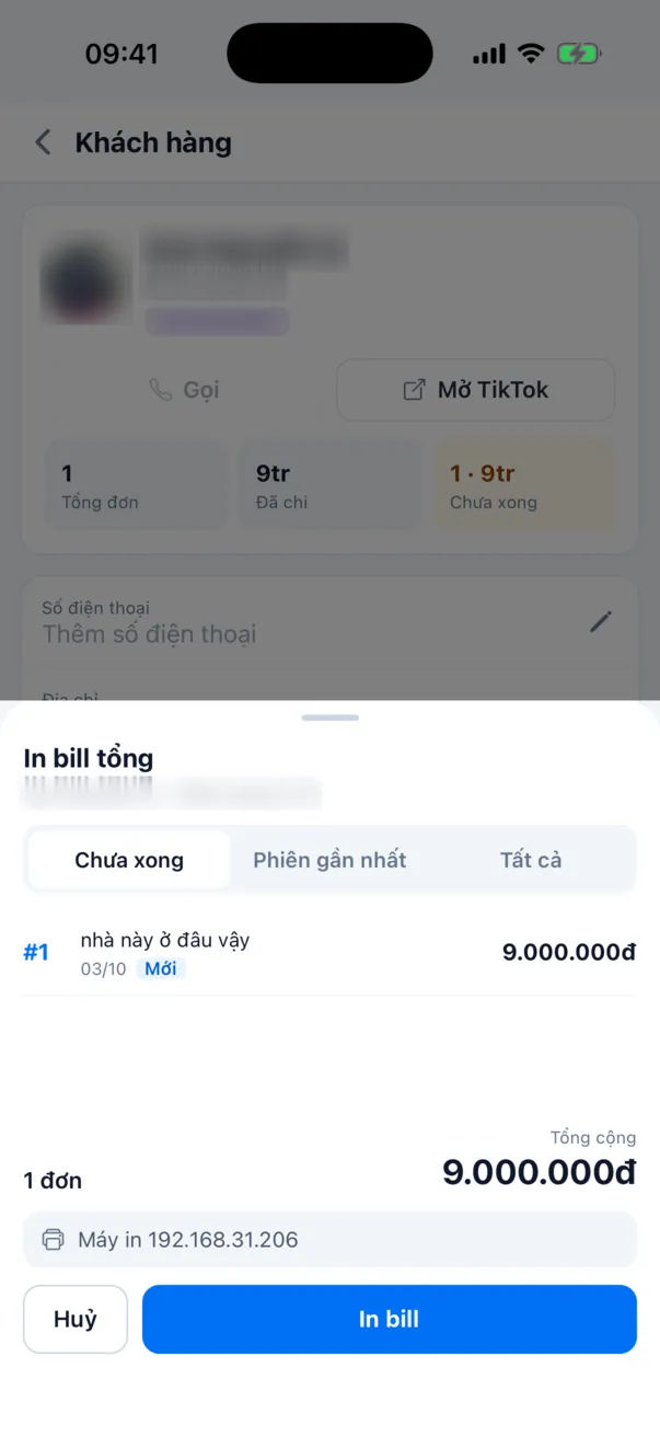 Màn in bill tổng gom các đơn chưa xong của một khách và tổng tiền