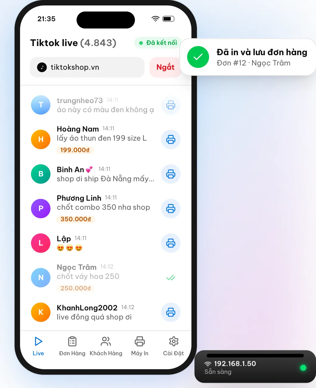 Màn hình Inmota hiển thị bình luận TikTok Live kèm giá được trích xuất và thông báo đã in và lưu đơn hàng