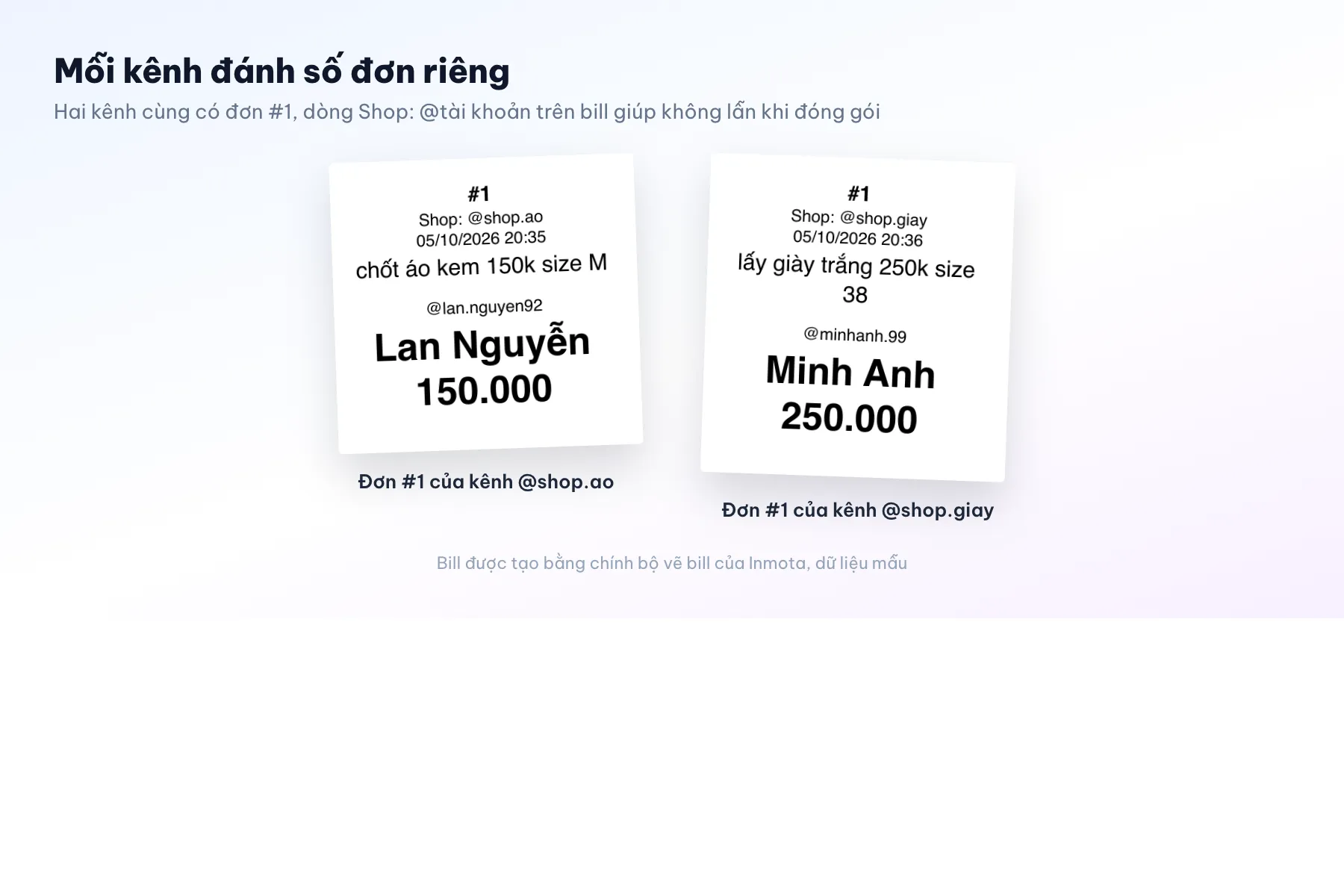 Hai bill cùng số đơn #1 của hai kênh @shop.ao và @shop.giay, mỗi bill ghi dòng Shop: @tài khoản