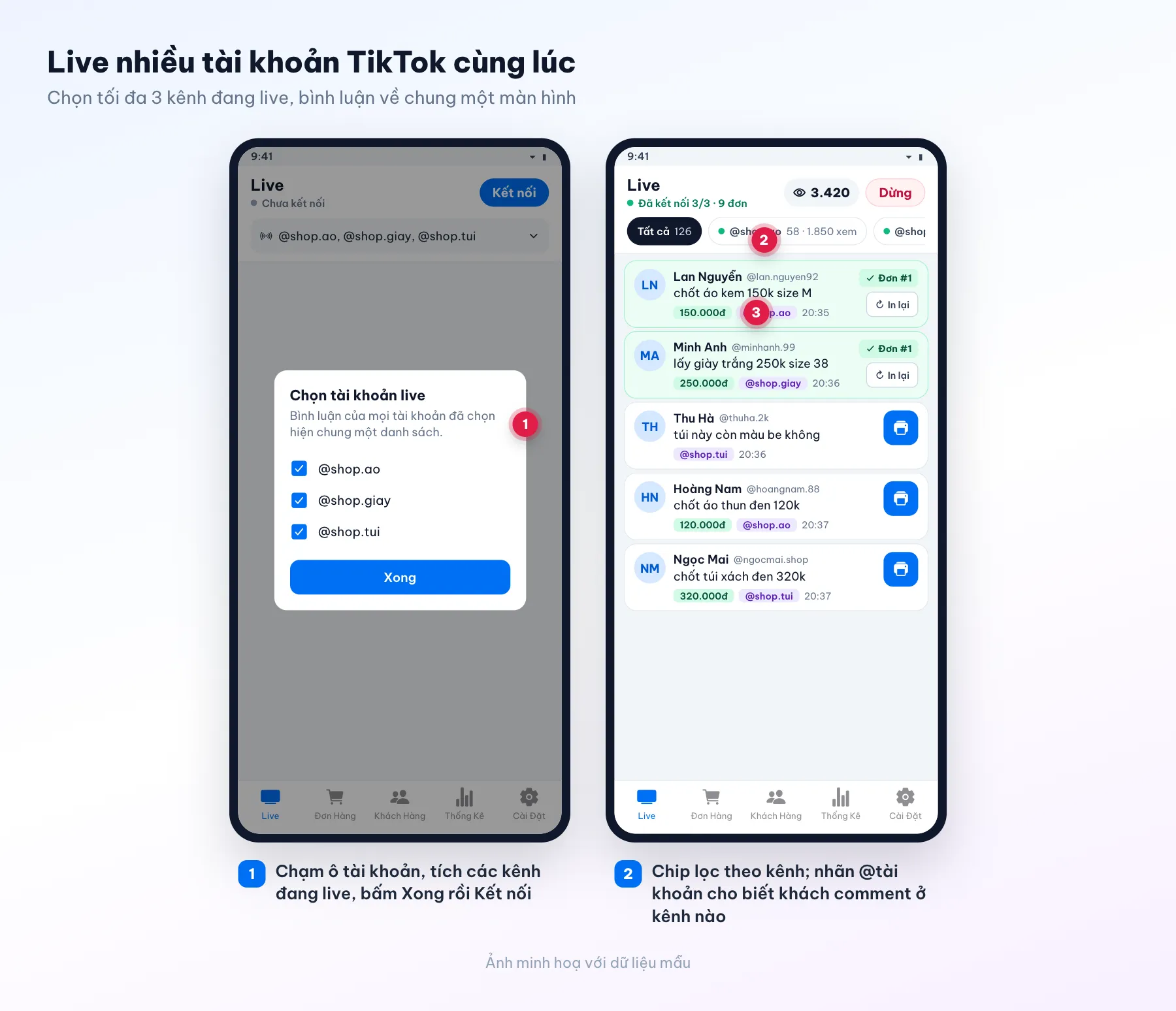 Chọn 3 tài khoản TikTok live trên Inmota và màn Live hiện bình luận của cả 3 kênh với chip lọc và nhãn @tài khoản