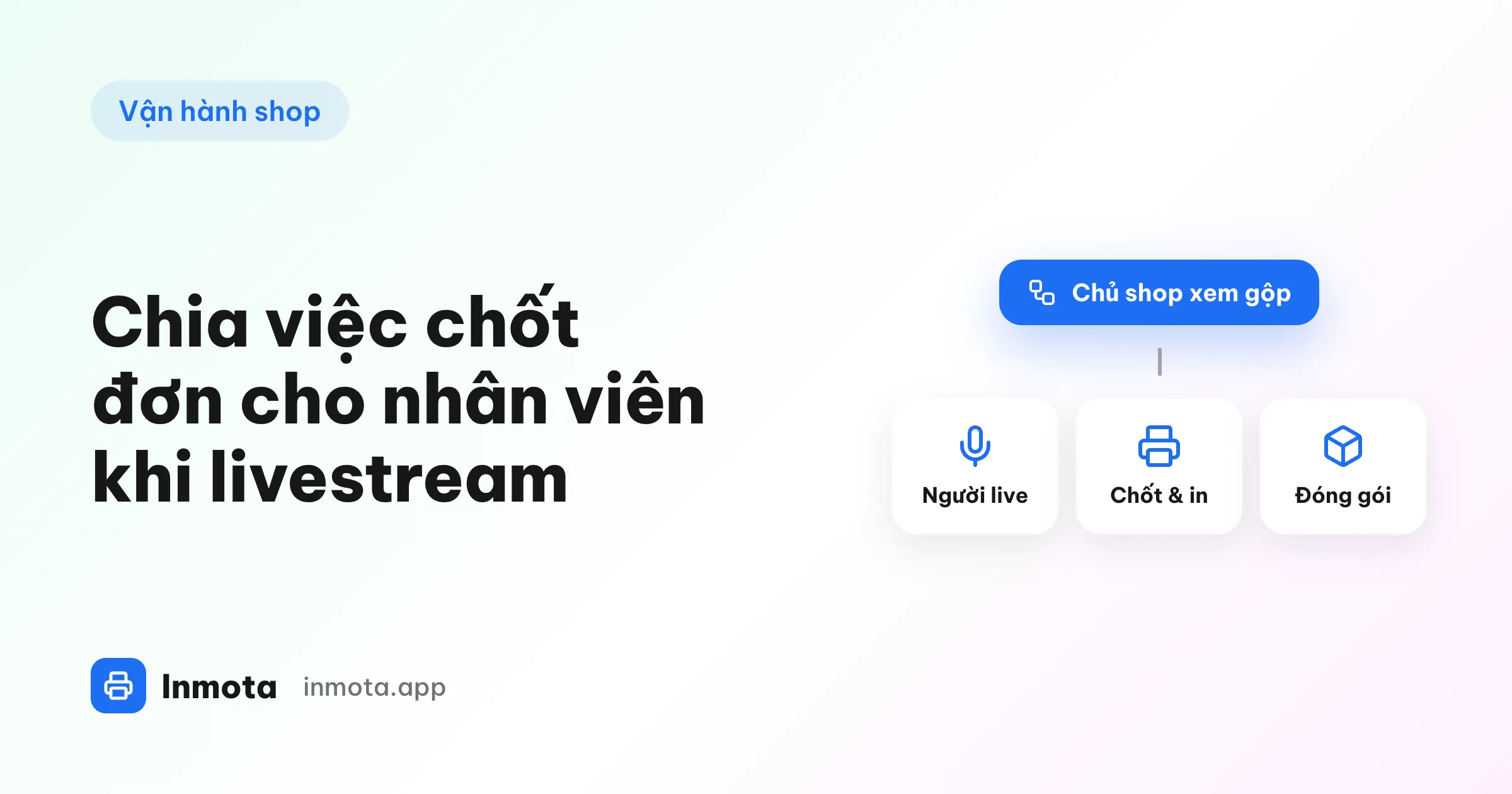 Sơ đồ chủ shop xem gộp đơn của ba vai trò - người live, người chốt và in, người đóng gói