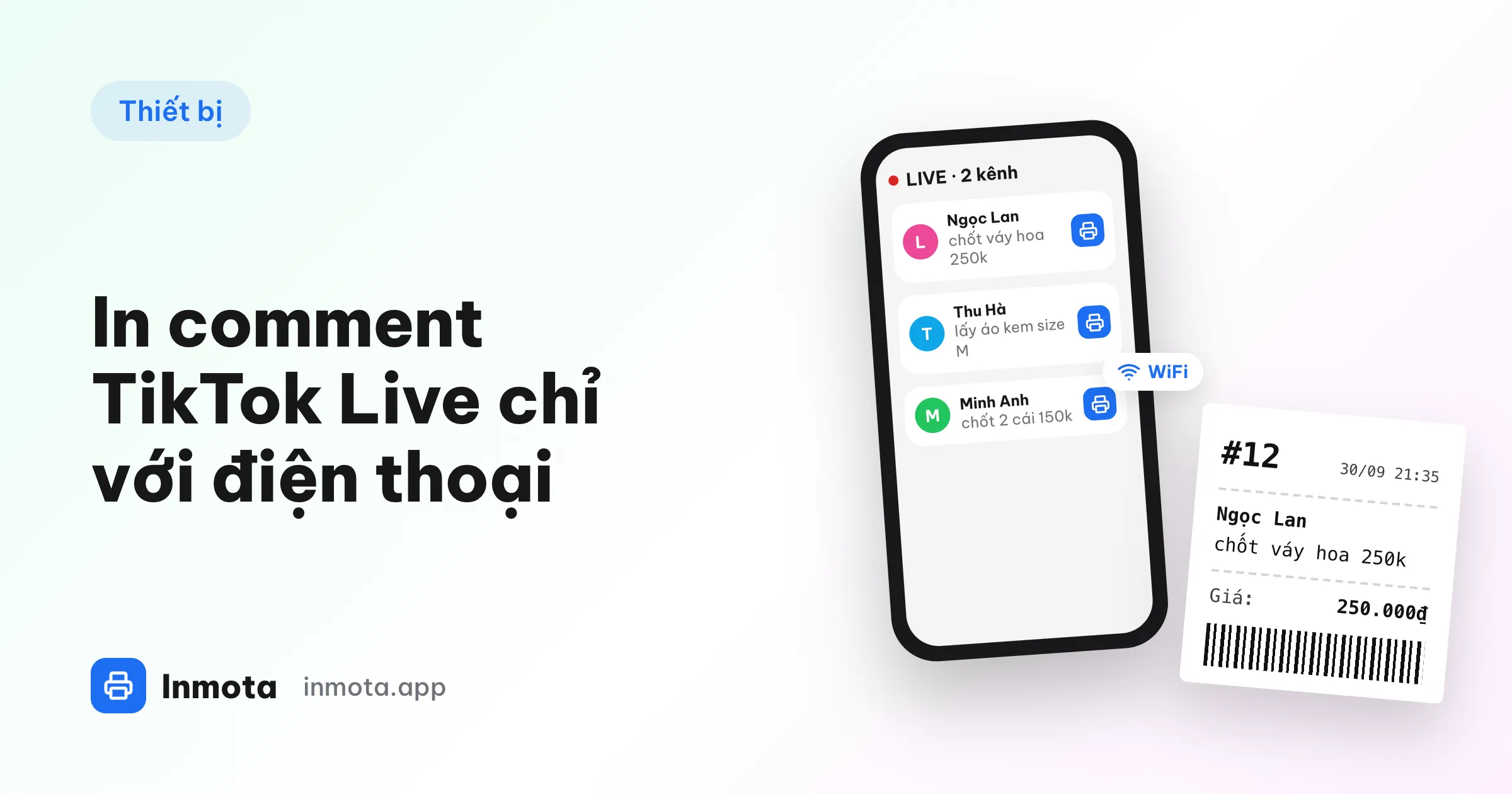 Điện thoại hiện bình luận TikTok Live có nút in, bên cạnh là phiếu in từ máy in nhiệt WiFi