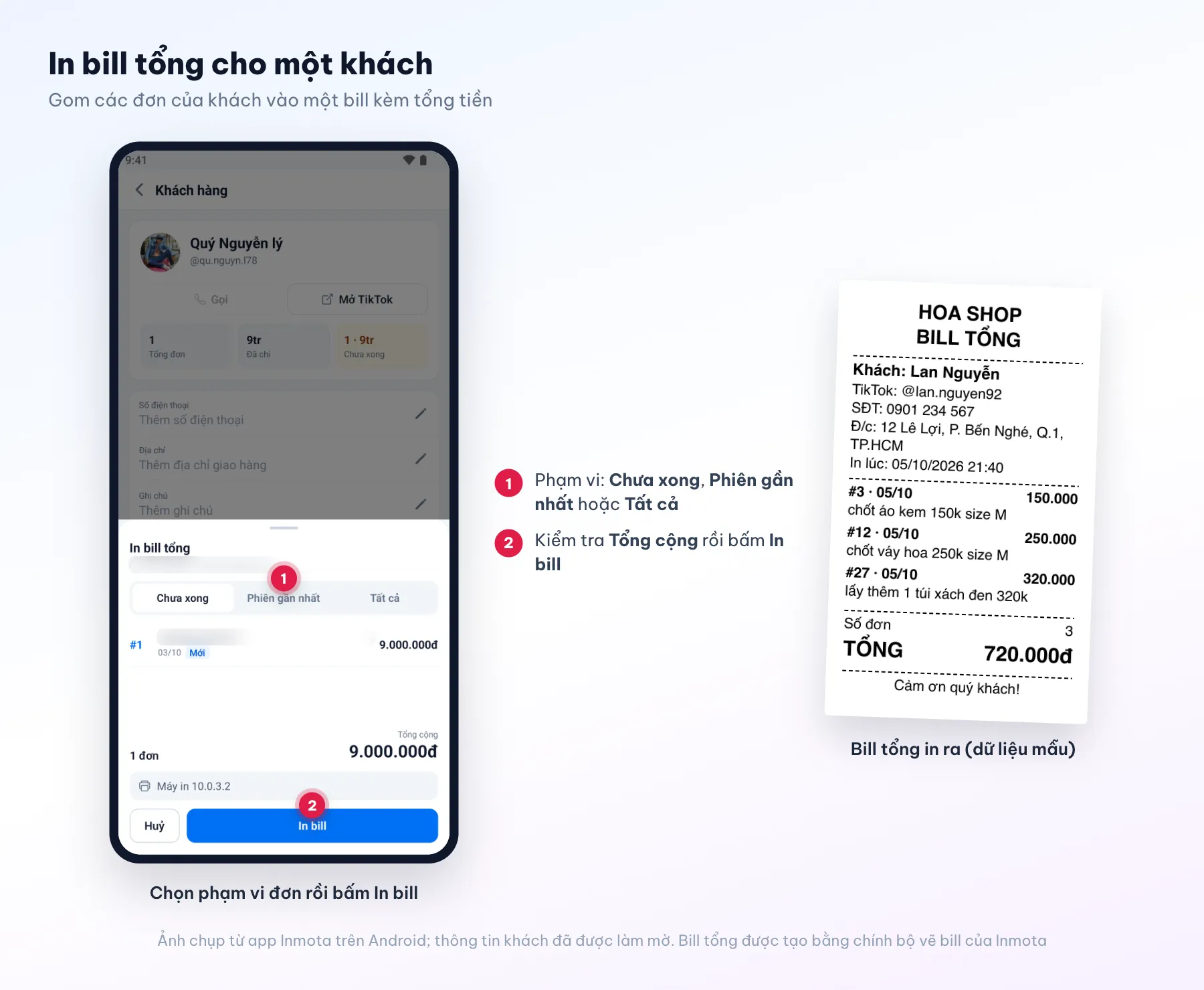 Bảng In bill tổng trên app Inmota với các phạm vi đơn và tổng cộng, cạnh bill tổng in ra máy in nhiệt