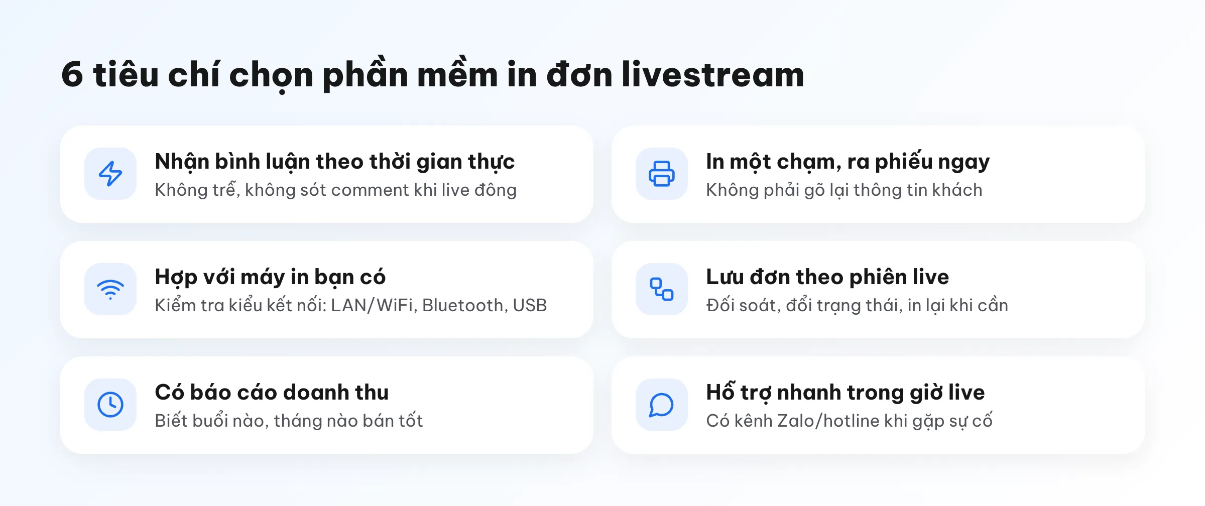 6 tiêu chí chọn phần mềm in đơn livestream: bình luận thời gian thực, in một chạm, hợp máy in, lưu đơn theo phiên, báo cáo doanh thu, hỗ trợ nhanh